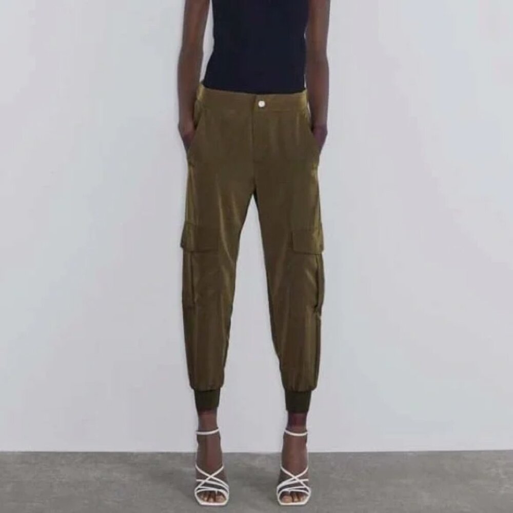 Zara Satin Cargo Pants / Joggers - Olive